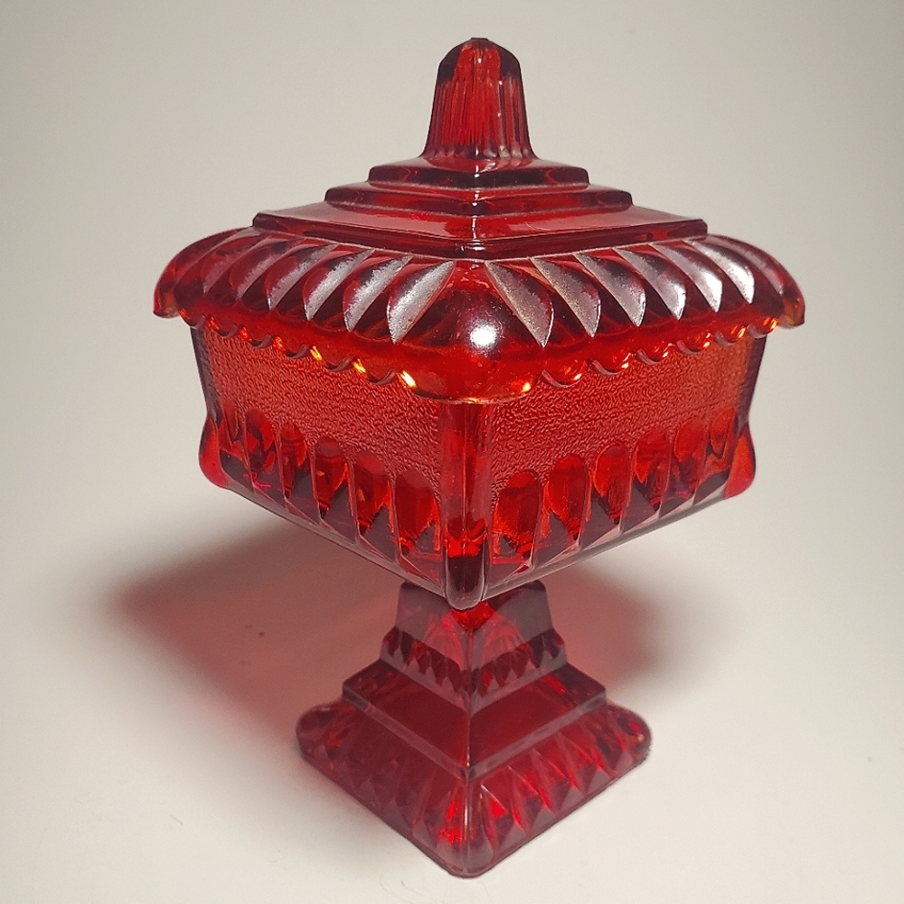 VINTAGE Jeannette Glass Company Red Painted Glass Pedestal Wedding Box
